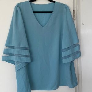 Woman’s V-neck blouse, 3/4 sleeve with great sheer detail, robins egg blue XL
